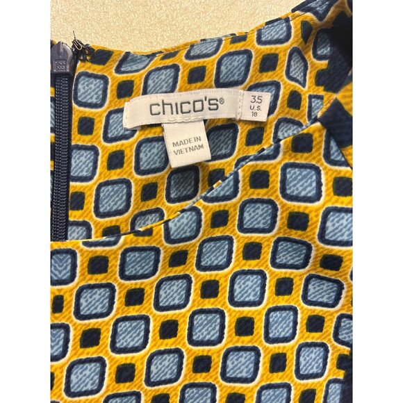 Chicos Gold Blue Geometric Print Pintuck Top 3.5 XL - Picture 8 of 8
